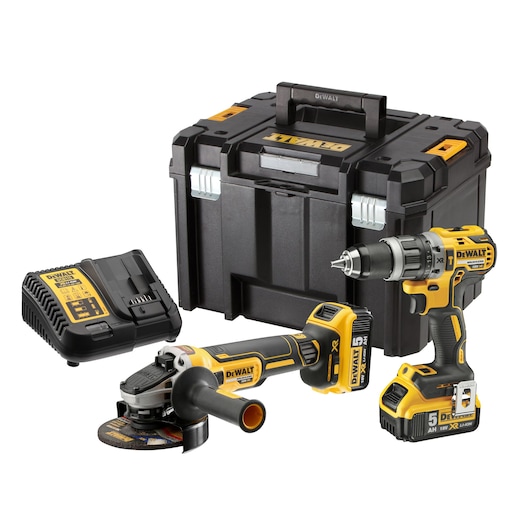 Kit including DCD796 Combi Drill, DCG405 Angle Grinder, 2 x DCB184 5.0Ah batteries, DCB1104 Charger and TSTAK Case