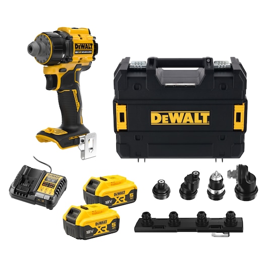A DEWALT cordless drill kit containing a brushless drill, a black and yellow hard carrying case, two 18V XR 5Ah rechargeable batteries, a battery charger, multiple drill attachments, and accessories all arranged on a white background.