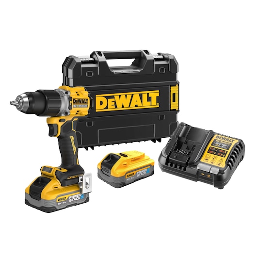 18V XR Brushless Hammer Drill Driver Kit with 2x 5Ah batteries, one of which on tool, charger and tstak tool box