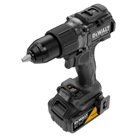 DEWALT x McLaren F1 Team 18V XR Special Edition Hammer Drill Driver with 5Ah battery front angled view