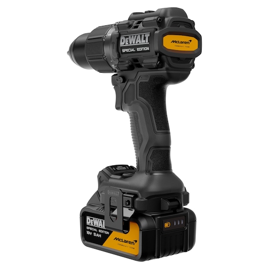 DEWALT x McLaren F1 Team 18V XR Special Edition Hammer Drill Driver with 5Ah battery rear angled view
