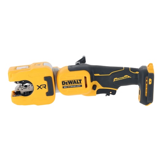 DEWALT 18V XR Brushless Copper Tubing Cutter bare unit standing upright ¾ rear view