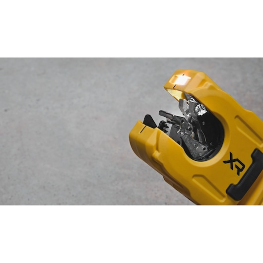 DEWALT 18V XR Brushless Copper Tubing Cutter close up image showing cutting mechanism