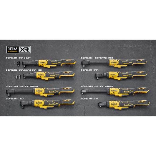 The DEWALT range of 18V XR Brushless Ratchets with product codes.