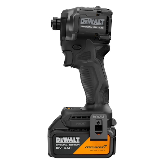 DEWALT x McLaren F1 Team 18V XR Special Edition Impact Driver with 5Ah battery front side view