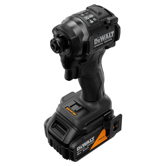 DEWALT x McLaren F1 Team 18V XR Special Edition Impact Driver with 5Ah battery front angled view