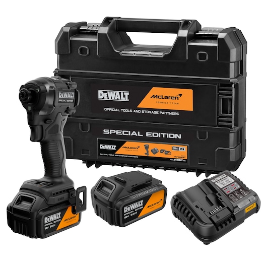 DEWALT x McLaren F1 Team 18V XR Special Edition Impact Driver with 5Ah battery attached, additional 5Ah battery, storage case and battery charger