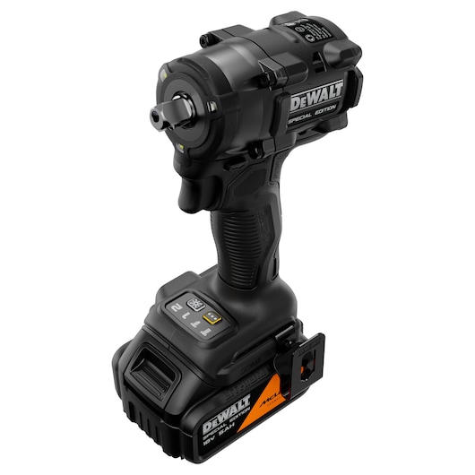 DEWALT x McLaren F1 Team 18V XR Special Edition Compact Impact Wrench with 5Ah battery front angled view