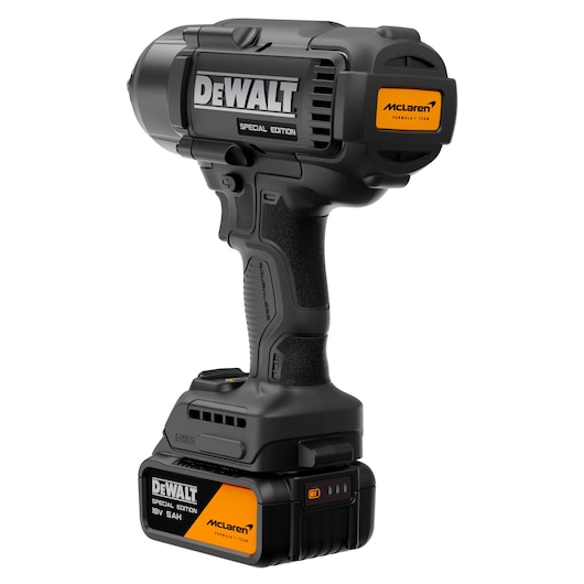 DEWALT x McLaren F1 Team 18V XR Special Edition Impact Wrench with 5Ah battery rear angled view