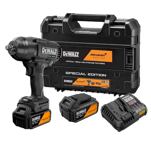 DEWALT x McLaren F1 Team 18V XR Special Edition Impact Wrench with 5Ah battery attached, additional 5Ah battery, storage case and battery charger
