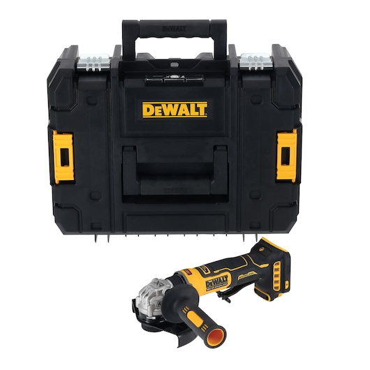 Kit including the DEWALT 18V XR Compact 125mm Angle Grinder and Tstak box