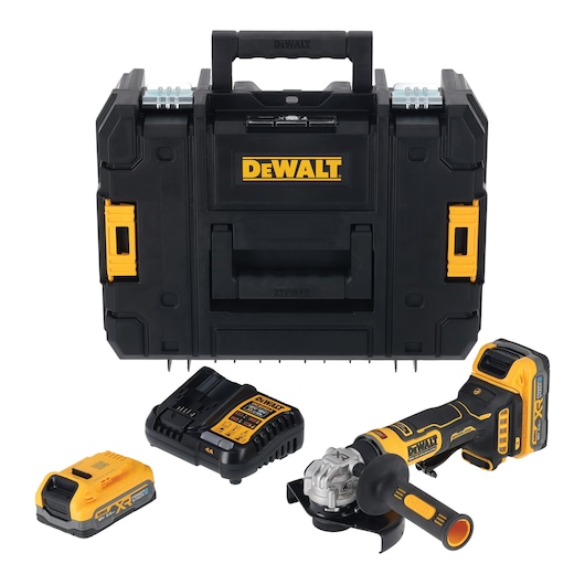 Kit including the DEWALT 18V XR Compact 125mm Angle Grinder with attached 3.5Ah battery, x1 3.5Ah battery, DCB1104 charger and Tstak box
