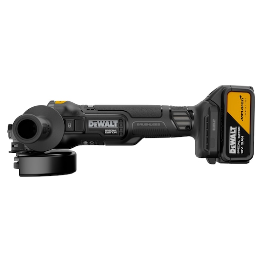 DEWALT x McLaren F1 Team 18V XR Special Edition Grinder with 5Ah battery front side view
