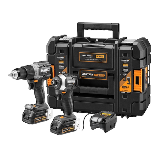 Limited Editon DEWALT/McLaren Drill Driver and Impact Driver kit with TSTAK Kitbox, 2x DCB1102 batteries and charger Limited Editon DEWALT/McLaren Drill Driver and Impact Driver kit with TSTAK Kitbox, 2x DCB1102 batteries and charger