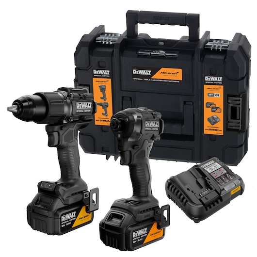 DEWALT x McLaren F1 Team 18V XR Special Edition Hammer Drill Driver and Compact Impact Driver with 5Ah batteries, storage case and charger