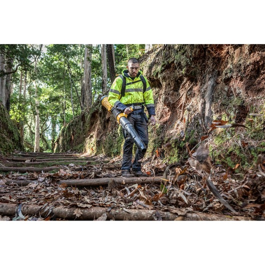 Worker blowing leaves on a woodland path using a DEWALT 2x54V Flexvolt Backpack Blower