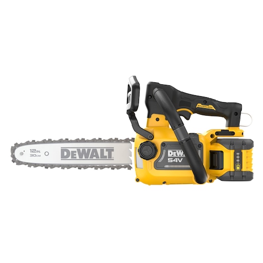 DEWALT 54V XR FLEXVOLT Compact Top Handle Chainsaw with 9Ah battery side view