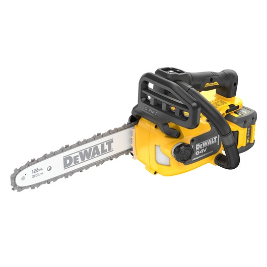 DEWALT 54V XR FLEXVOLT Compact Top Handle Chainsaw with 9Ah battery angled view