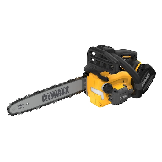 Angled view of 54V Top Handle Chainsaw from the front