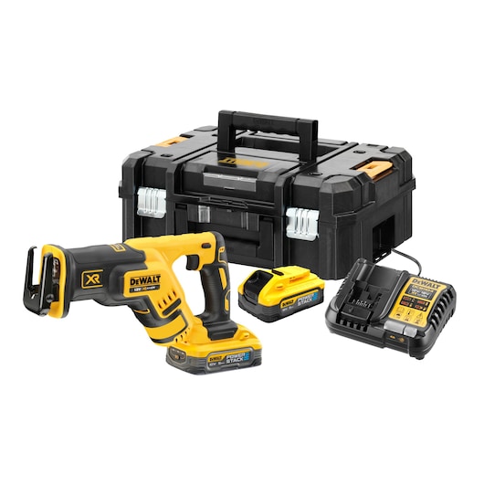 Kit including 18V XR Brushless Reciprocating Saw, x2 5.0Ah Powerstack batteries, DCB1104 charger and tstak box