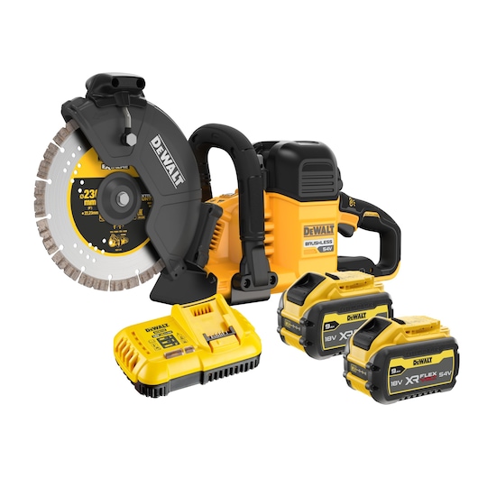 54V XR FLEXVOLT 230MM CUT OFF SAW KIT WITH TWO 9AH XR FLEXVOLT BATTERIES AND CHARGER