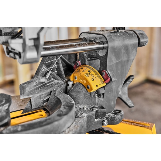 54v XR FLEXVOLT 305mm Mitre Saw close up of mitre adjustment 54v XR FLEXVOLT 305mm Mitre Saw close up of mitre adjustment