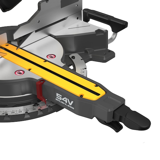 A CLOSE UP OF TOOL FREE MITRE ADJUSTMENT ON THE 305MM MITRE SAW A CLOSE UP OF TOOL FREE MITRE ADJUSTMENT ON THE 305MM MITRE SAW
