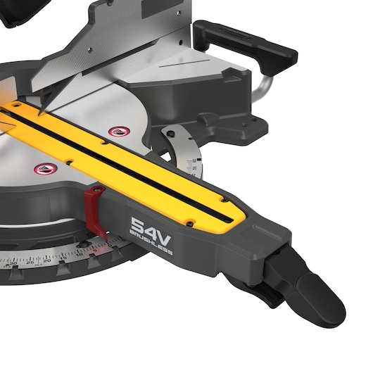 A CLOSE UP OF TOOL FREE MITRE ADJUSTMENT ON THE 305MM MITRE SAW A CLOSE UP OF TOOL FREE MITRE ADJUSTMENT ON THE 305MM MITRE SAW