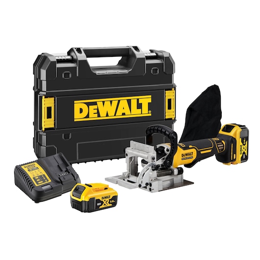 A kit shot of the 18V XR Biscuit Jointer showing the tool, 2 18V XR Batteries, charger and TSTAK compatible kit box A kit shot of the 18V XR Biscuit Jointer showing the tool, 2 18V XR Batteries, charger and TSTAK compatible kit box