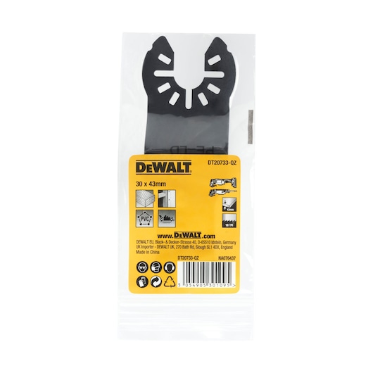 front view of DEWALT 30 X 43mm Oscillating blades accessory in the pack