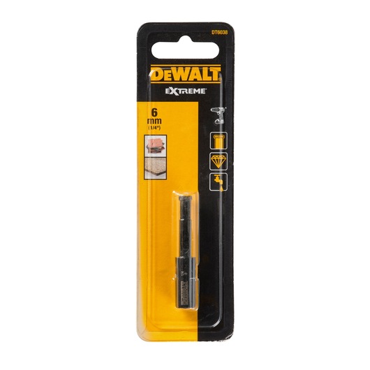 Packaged DEWALT Extreme 6 mm (1/4 inch) drill bit, model DT6038, designed for durable drilling in masonry or concrete, displayed in a yellow and black blister pack.