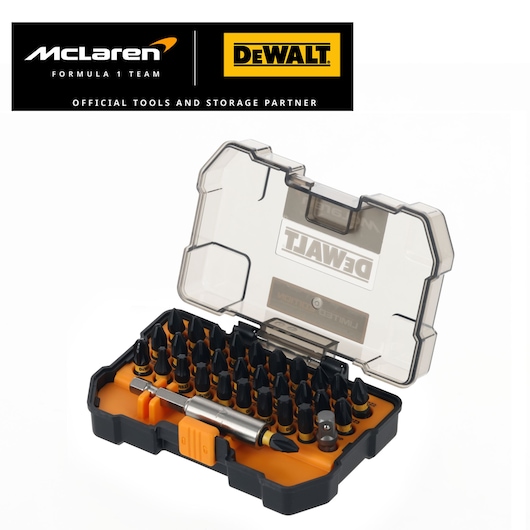 Limited Edition DEWALT/McLaren screwdriver bit set in case, angled view. DEWALT/McLaren logos appear top left