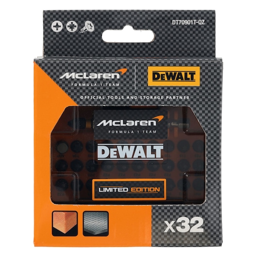 Limited Edition DEWALT/McLaren screwdriver bit set in case in pack