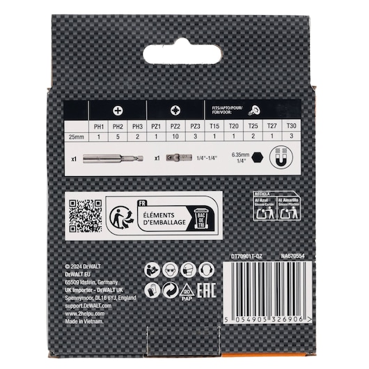 Rear view of Limited Edition DEWALT/McLaren screwdriver bit set in case in pack