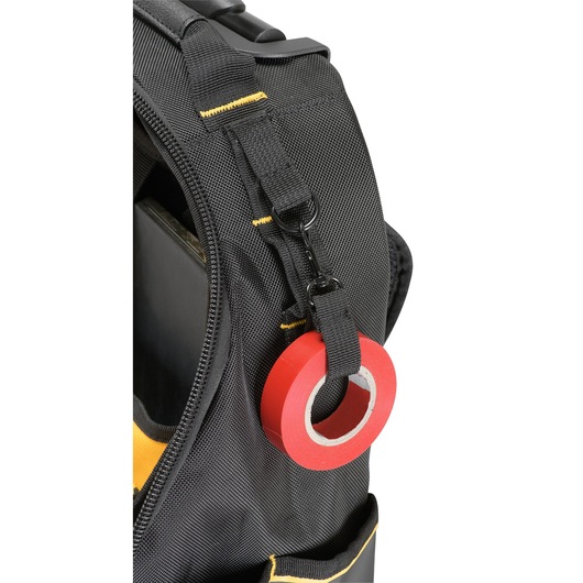 Close up of red electrician's tape hooked on Dewalt Pro Backpack on Wheels Close up of red electrician's tape hooked on Dewalt Pro Backpack on Wheels