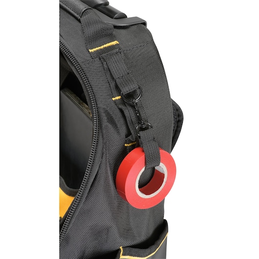 Close up of red electrician's tape hooked on Dewalt Pro Backpack on Wheels