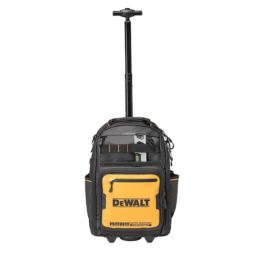 Telescopic handle and tool storge features of the Dewalt Pro Backpack on Wheels