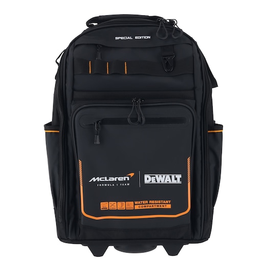 DeWALT McLaren water-resistant black backpack with multiple compartments, for tools and gear protection.