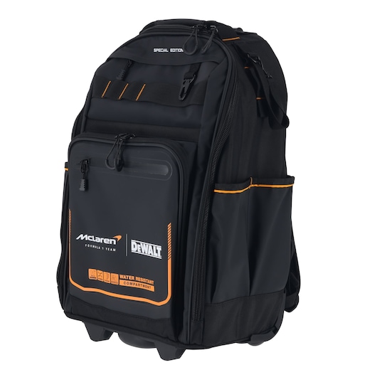 DeWALT McLaren black backpack, water-resistant compartment, for tool storage and safe transport.