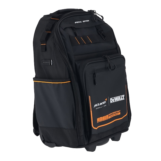 DEWALT McLaren special edition water-resistant backpack for tool storage and transport.