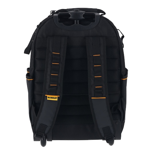 DEWALT black backpack with padded straps for carrying tools, suitable for professionals, durable design.
