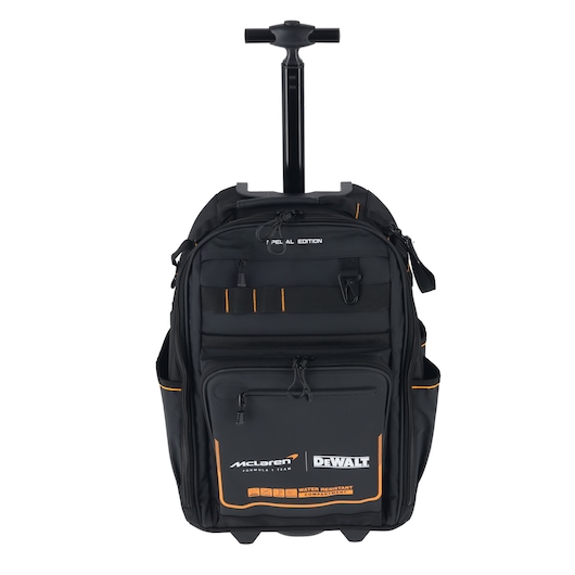 DEWALT rolling backpack with water resistant compartments for tool transport and organized storage.