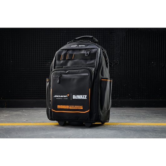 Dewalt backpack with water-resistant compartments for outdoor photography gear protection.
