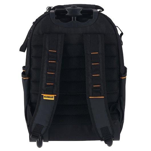 DEWALT/McLaren Backpack with Handle and Wheels view of back with shoulder straps, handle down