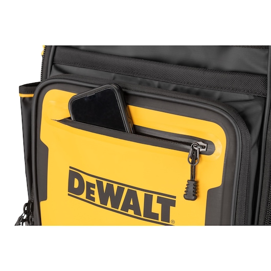 Dewalt Pro Backpack pockets filled with accessories and tools