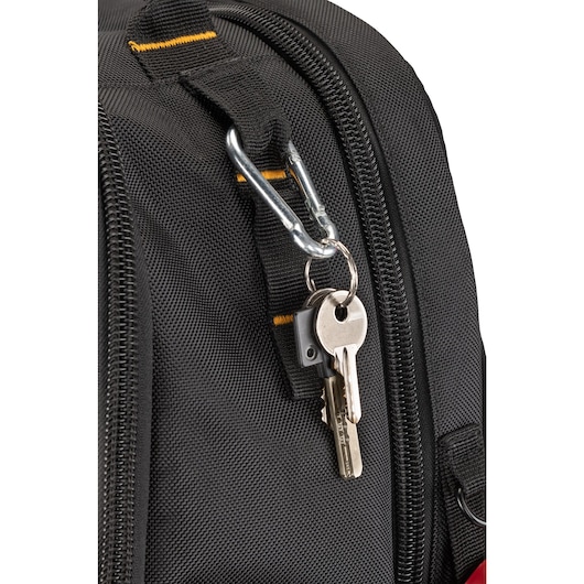 Close up of bottle holder feature on Dewalt Pro Backpack