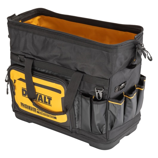 Angle view of an open Dewalt 20" Pro Open Mouth Tool Bag" Angle view of an open Dewalt 20" Pro Open Mouth Tool Bag"