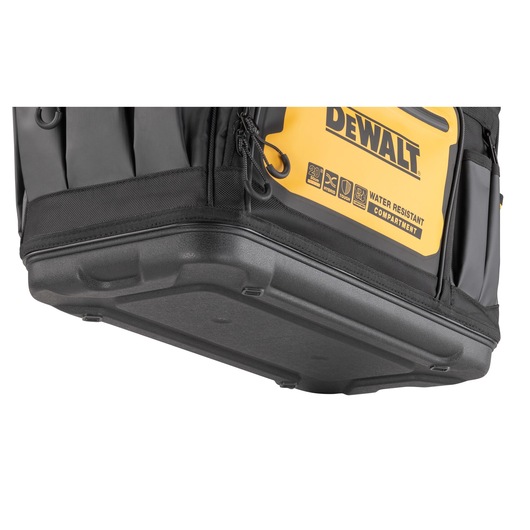 View of the waterproof base of the Dewalt 20" Pro Open Mouth Tool Bag" View of the waterproof base of the Dewalt 20" Pro Open Mouth Tool Bag"