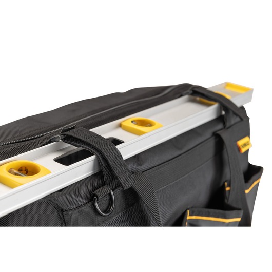 Close up of level holding feature on Dewalt 20" Pro Open Mouth Tool Bag" Close up of level holding feature on Dewalt 20" Pro Open Mouth Tool Bag"