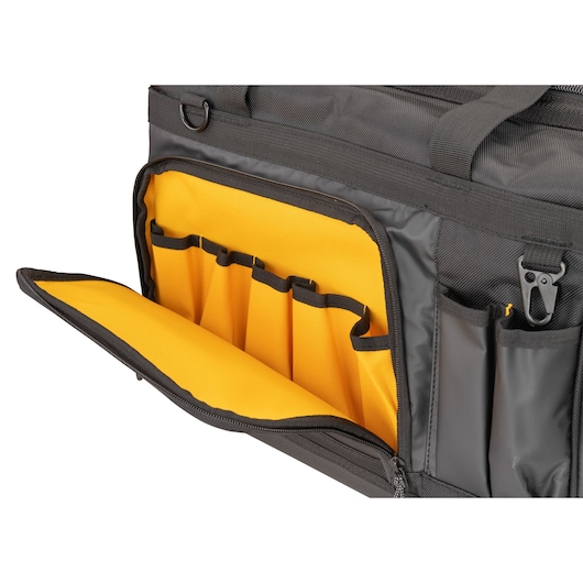 Close up of external pocket on Dewalt 20" Pro Open Mouth Tool Bag"